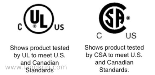 两个黑白认证组织标志：UL（左）和CSA（右）。